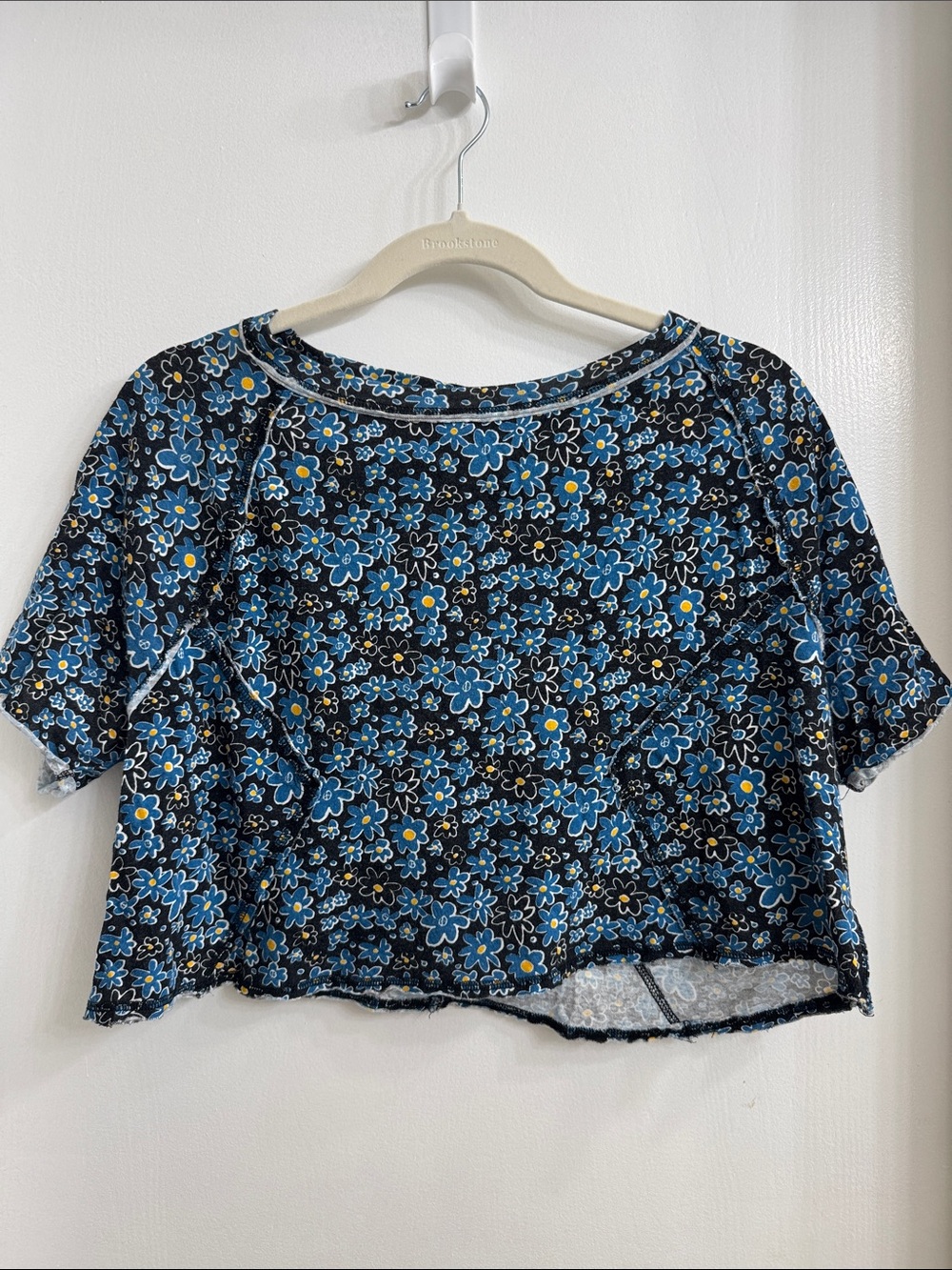 We The Free Blue Floral Crop Top with Yellow Accents